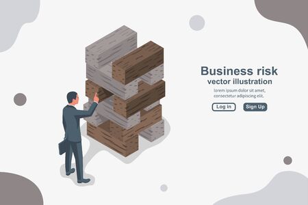 Business risk concept. Businessman pulls out the wooden blockのイラスト素材