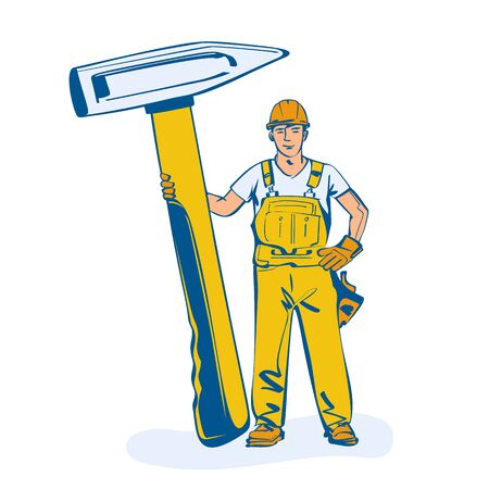 Repairman human holding hammer, isolated on white background. Vector illustration sketch design style.のイラスト素材