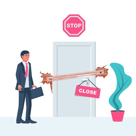 Obstacle concept. Businessman stands in front of closed door with a stop symbol and sign Closeのイラスト素材
