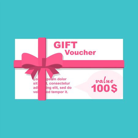 Gift vouchers red ribbon and bow. Card or banners. Certificate, flyer, ticket. Template coupon, invitation, currency. Vector illustration flat design. Isolated on white background.のイラスト素材