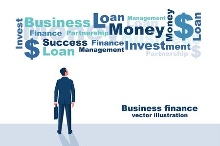 Business finance conceptual. Cloud with text business words. Vector illustration flat design. Isolated on white background. Successful businessman is looking up.のイラスト素材