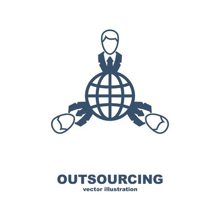 Outsource black icon. Communication symbol. Business development metaphor. Vector illustration flat design. Isolated on white background. Success partnership global.のイラスト素材