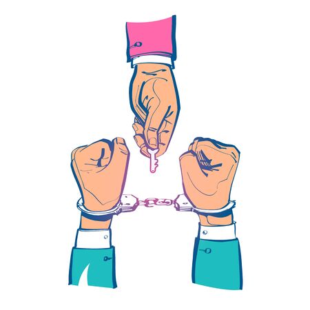 Break free sketch design. Prisoner release. Freedom concept. Man in handcuffs. Key is in the hands of freedom. Vector illustration. Isolated on white background. Unlocking handcuffs. End of arrest.のイラスト素材