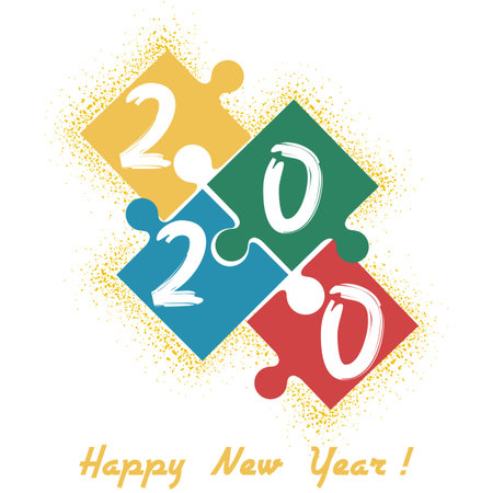 2020 Happy New Year and Merry Christmas. The number of puzzle pieces. Vector flat design. Cover for...