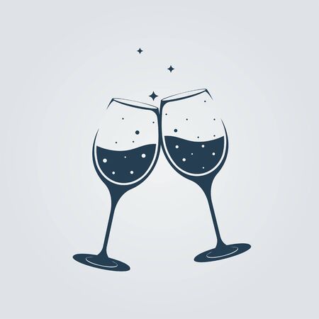 Two champagne glasses clink in toast. Vector illustration flat design. Isolated on white background. The symbol of the bar and restaurant. Celebrating an anniversary or birthday.のイラスト素材