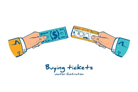 Purchase tickets in cash. Money and tickets in the hands of men, doing the exchange.Vector illustration sketch design.のイラスト素材