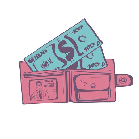 Opened wallet isolated on background. Money in purse. Cash payment. Vector illustration sketch design.のイラスト素材