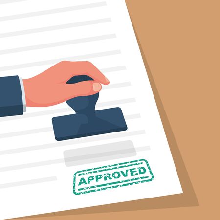 Approved stamp in hand businessman. Green approved stamp. Document for signature and stamp. Vector illustration flat design. Isolated on white background. Work with papers. Give an agreement.のイラスト素材