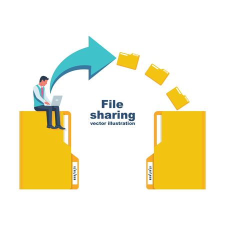 File sharing. Transfer of documentation. Businessman with laptop transmits folders with files. Transferred documents. Landing page copy data. Vector illustration flat design. Backup PC migration. のイラスト素材