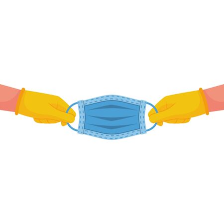 Medical mask in hand doctor. Coronavirus Prevention. Protective medical face mask against viruses and bacteria. Vector illustration flat design. Isolated on white background. Hands in rubber gloves.のイラスト素材