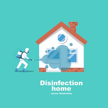 Disinfection home. Service prevention controlling epidemic of coronavirus covid-2019. Worker in hazmat suit does sanitization. Chemical protection. Vector illustration flat design. Cleaner in hand.のイラスト素材