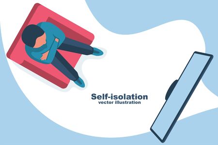 Self-isolation concept. Man sitting in armchair watching television. Watch TV. Stay home. Vector illustration flat design. Template banner for web design. Coronavirus Prevention. Home quarantine.のイラスト素材
