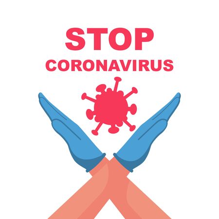 Gesture crossed hands in medical protective gloves. Red icon stop coronavirus concept. Vector illustration flat design. Sign 2019-ncov. Symbol of stopping the disease. Coronavirus pandemic outbreak.のイラスト素材
