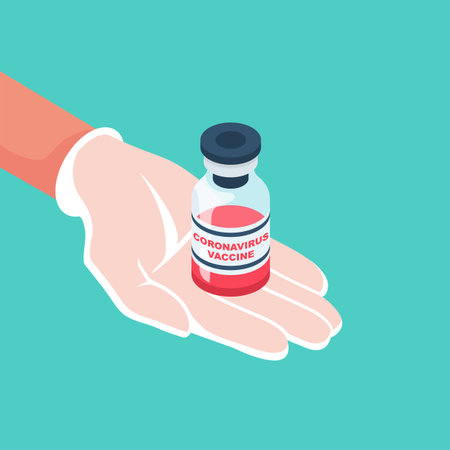 Doctor holds ampoule of the coronavirus vaccine in hand. Test tube with blood sample COVID-19. Laboratory sample in glass tube. Pandemic infectious. Vector flat design. Isolated on background.のイラスト素材