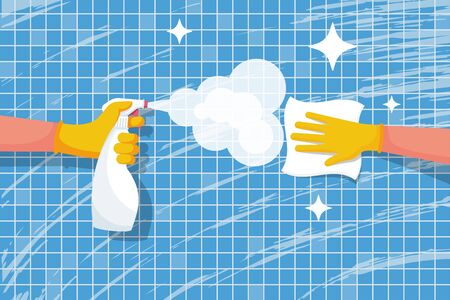 Cleaning shiny tiles in the bathroom. Spraying antibacterial sanitizing spray. Pollution prevention. Spray detergent. Napkin in hands. Protective rubber gloves. Hygiene home. Vector flat design. のイラスト素材
