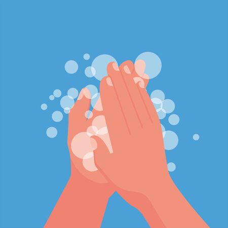 Wash hands. Man holding soap in hand in soap bubbles. Vector illustration flat design isolated on background. Personal hygiene. Disinfection, skin care. Antibacterial washingのイラスト素材