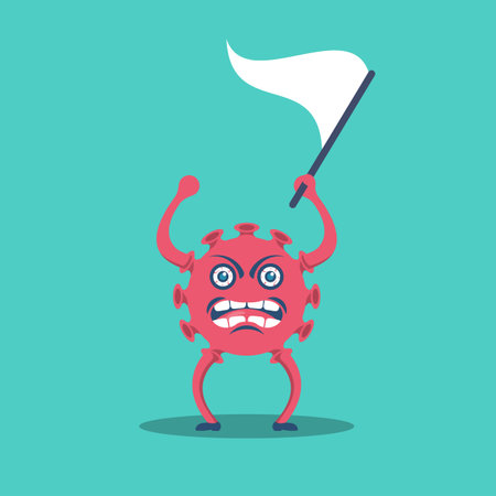 Cartoon coronavirus surrenders, arms up with a white flag. Escape symbol. Covid-19 give up. Vector illustration flat design. Victory over the virus and the epidemic.のイラスト素材