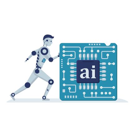 Ai concept. The robot moves the motherboard. Innovation microchip. Vector illustration flat design. Isolated on white background. Technologies of the future. Computer processor.のイラスト素材