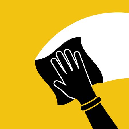Cleaning service black silhouette. Hand in glove with a rag. Flat icon cleanliness and shine. Hygiene and disinfection. Housekeeping concept. Work at home. Vector illustration design.のイラスト素材