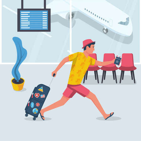 Man hurry on vacation. Young male in a beach dress with suitcase runs on plane. Discovery of travel. Vector flat design. Isolated on white background. Going on vacation. Weekend to an exotic countryのイラスト素材