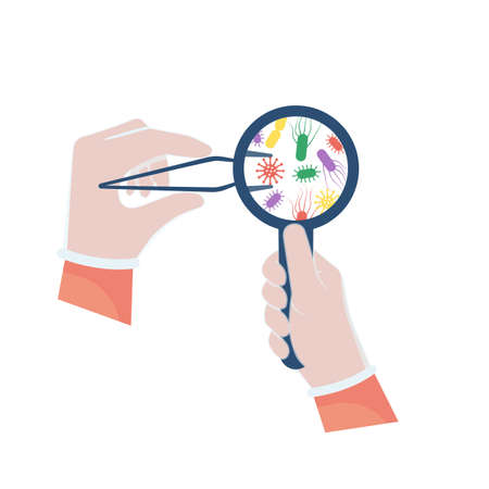 Research viruses bacterial infection or ilness. Pathogenic viruses causing infection in organism. Viral disease outbreak. Set different microorganisms. Epidemic of influenza and pneumonia. Vector flatのイラスト素材