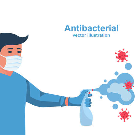 Antibacterial spray kills bacteria. Man holds bottle of antiseptic. Disinfectant concept. Vector illustration flat design. Preventive coronavirus Covid-19. Personal hygiene. Washingwithalcohol.のイラスト素材