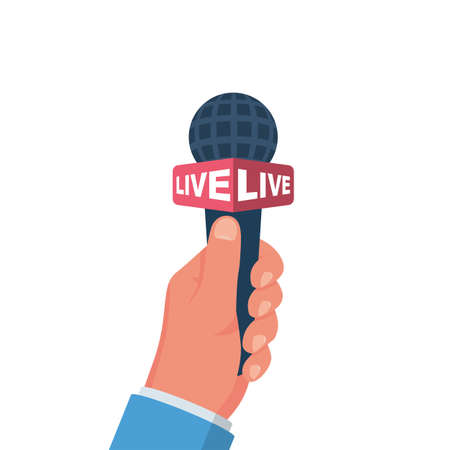 Hand holding microphone. Live news, report templateのイラスト素材