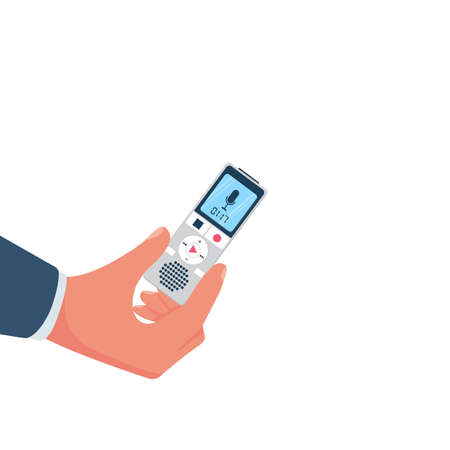 Voice recorder in hand. Journalist holds dictaphone, recorder.のイラスト素材