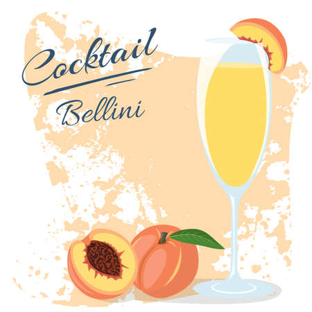 Bellini cocktail alcohol peach drink. Used as a poster, template, flyer, banner, menu. Vector flat design. Landing page with text.のイラスト素材
