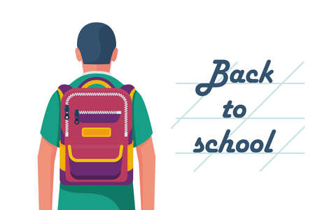 Back to school concept. Schoolboy with backpack. Concept education. Vector illustration flat design. Welcome to school. Colorful banner. Typography poster.のイラスト素材
