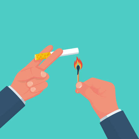 Cigarettes and matches in a hand. Light a cigarette. Smoker holds a smoking cigarette. Vector illustration flat design. Isolated on background. Bad habits. Dangers of smoking.のイラスト素材