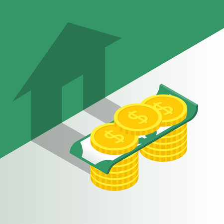 Money in the house. Stacks of coins and bills create shadow. Vector illustration isometric 3D design. Isolated on white background.のイラスト素材