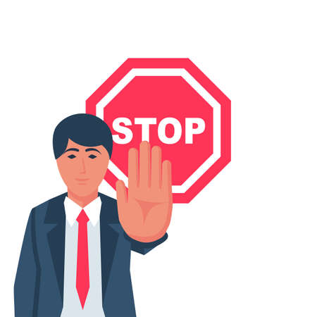 Man making stop gesture with hand. Red sign. Big palm signaling stop. Vector illustration flat design. Isolated on white background.のイラスト素材