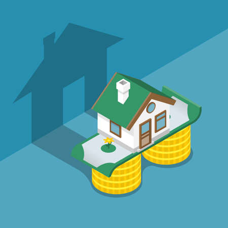 Investing money in a house. Home is on a stack of money and bills. Shadow on the wall. Vector illustration isometric 3D design. Isolated on background.のイラスト素材