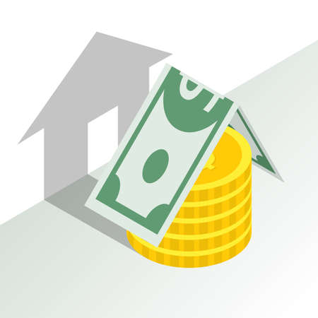 Money in the house. Stacks of coins and bills create shadowのイラスト素材