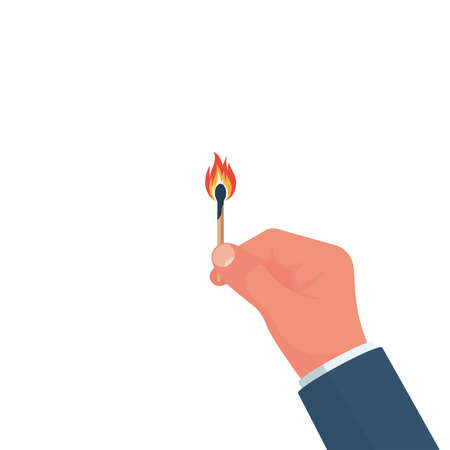 Matches in hand. Burning wooden match. Open fire. Template warning flammable. Vector illustration flat design. Isolated on white background.のイラスト素材