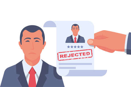 Reject resume. Head hunter holds a stamped candidate document rejecting a job applicationのイラスト素材