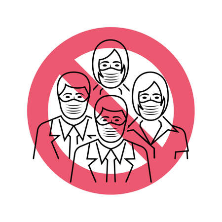 No meeting people. Prohibition black line red sign. Ban on public. Ban gathering.のイラスト素材