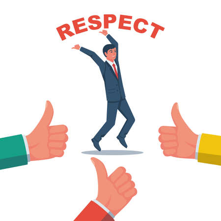 Respect successful manager. Vector illustration flat design. Isolated on white background. Compliments and respect for the person. Symbol of expression of admiration. High achievements.のイラスト素材
