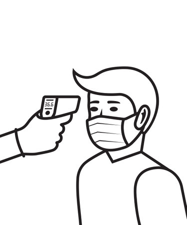 Landing page body temperature check. Black line icon face in medical mask. Doctor hold non-contact thermometer in hand.のイラスト素材