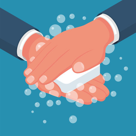 Wash hands isometric icon. Man holding soap in hand in soap bubblesのイラスト素材