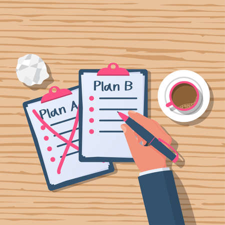 Man at the wooden table writes the plan B. Plan A failed. Human passes to second plan. Vector illustration flat design. Isolated on background. Success solution. Alternative idea. Write on clipboard.のイラスト素材
