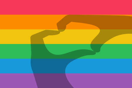 Shadow gesture with hands in the form of a heart on the background of the flag of pride. Vector illustration flat design. Isolated on white background.のイラスト素材