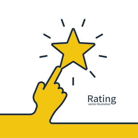 Star rating minimal design black line. 5 star rate icon. Hand presses a rating star. Feedback concept. Evaluation system. Positive review. Vector illustration flat style. Qualitywork. Webtemplateのイラスト素材