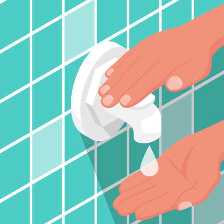 Hand washing under the tap with water. Vector illustration isometric 3d design isolated on background. Personal hygiene. Disinfection, antibacterial washing. Water tap, jet stream and hands.のイラスト素材