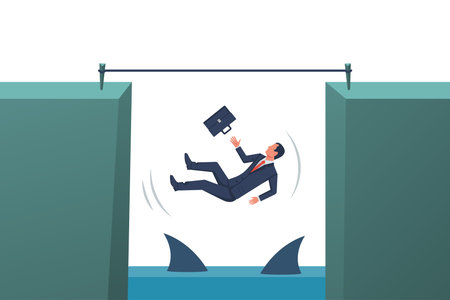 Business risk concept. A businessman will fall into the abyss with sharks. Vector illustration flat design. Landing business page.のイラスト素材