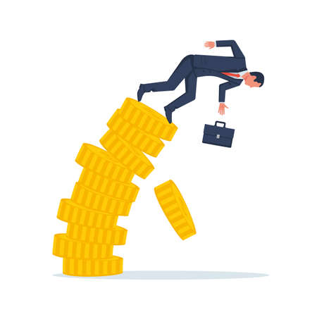 Businessman falls from a stack of coins. Financial crisis. Decrease in capital. Falling income. Vector illustration flat design. Isolated on white background. Business concept.のイラスト素材
