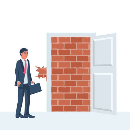 The businessman faces a dead end. End of the road. Vector illustration flat design. Isolated on white background. The concept of overcoming obstacles.のイラスト素材