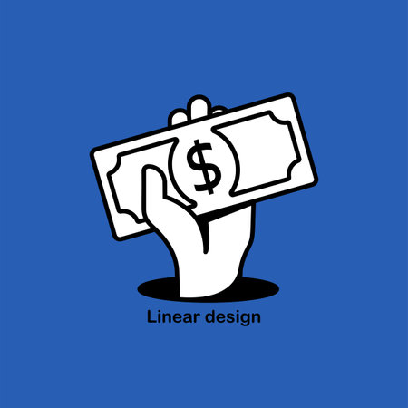 Dollar in hand linear icon design. Cash in human. Showing, pay, giving banknote. Money hold isolated on white background. Vector illustration flat design. Template for financial projects. Fast money.のイラスト素材
