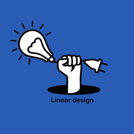 Light bulb with wire and electric plug holding hand. Yellow light. Electric lamp. Vector illustration flat linear icon design. Isolated on background.のイラスト素材